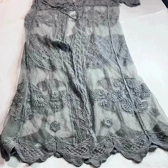 Lace kimono cardigan front tie embroidered designs tulle gray - Picture 4 of 5